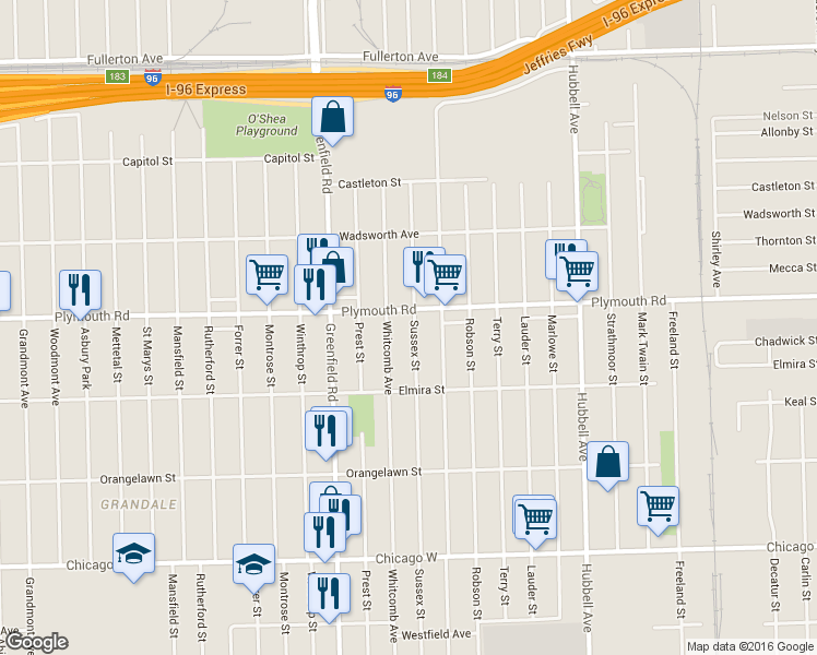 map of restaurants, bars, coffee shops, grocery stores, and more near 11421 Sussex Street in Detroit