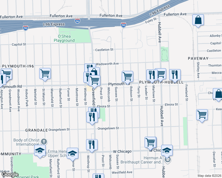map of restaurants, bars, coffee shops, grocery stores, and more near 11421 Sussex Street in Detroit