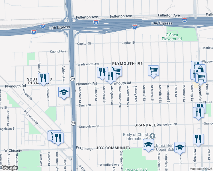 map of restaurants, bars, coffee shops, grocery stores, and more near 16801 Plymouth Road in Detroit