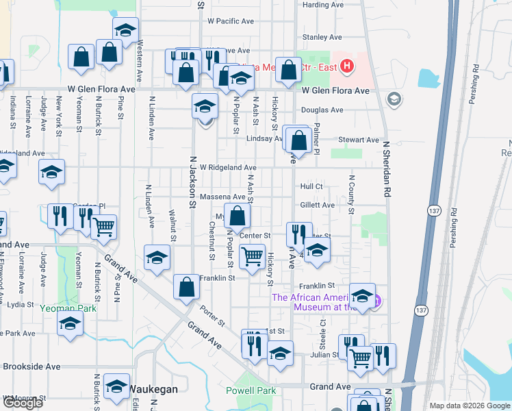 map of restaurants, bars, coffee shops, grocery stores, and more near 835 North Ash Street in Waukegan