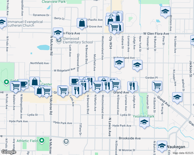 map of restaurants, bars, coffee shops, grocery stores, and more near 815 Muirfield Avenue in Waukegan