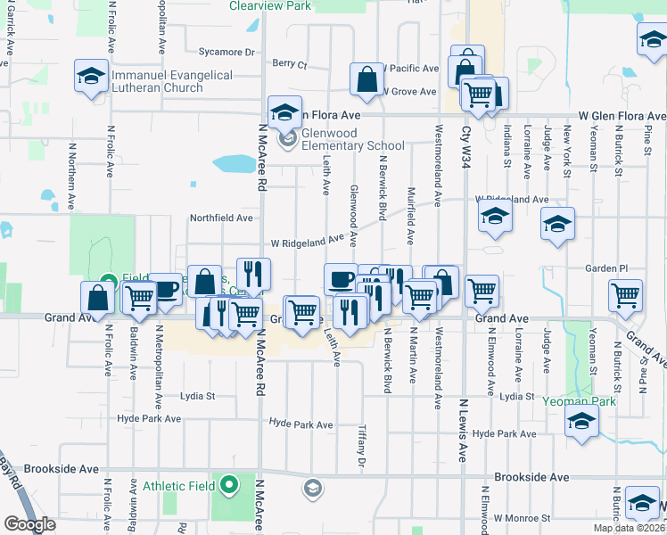 map of restaurants, bars, coffee shops, grocery stores, and more near 818 Leith Avenue in Waukegan