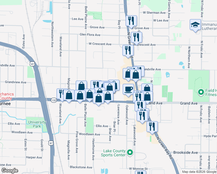 map of restaurants, bars, coffee shops, grocery stores, and more near 891 Tralee Court in Gurnee