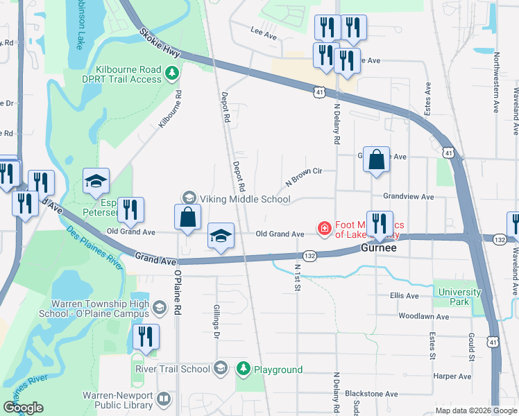 map of restaurants, bars, coffee shops, grocery stores, and more near 4265 South Brown Circle in Gurnee