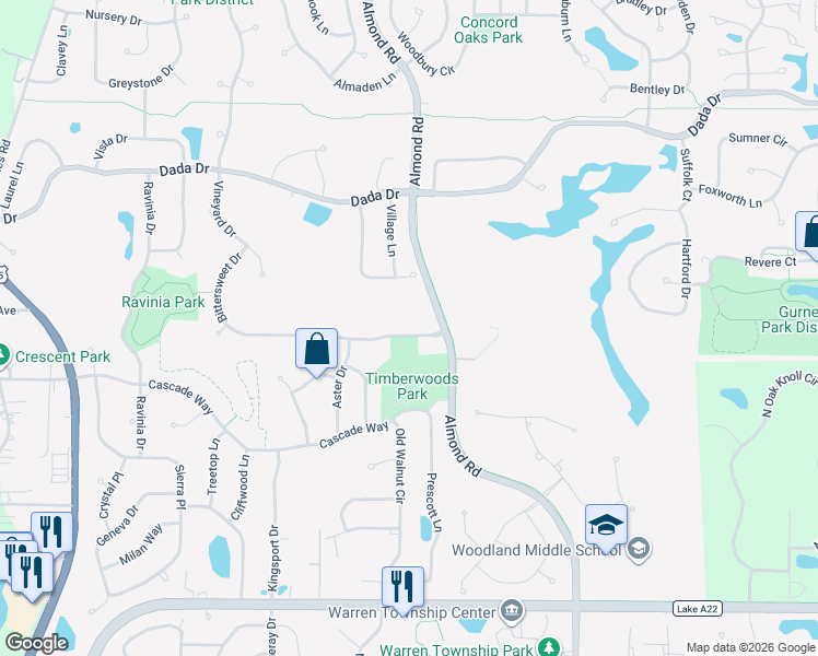 map of restaurants, bars, coffee shops, grocery stores, and more near 7408 Bittersweet Drive in Gurnee