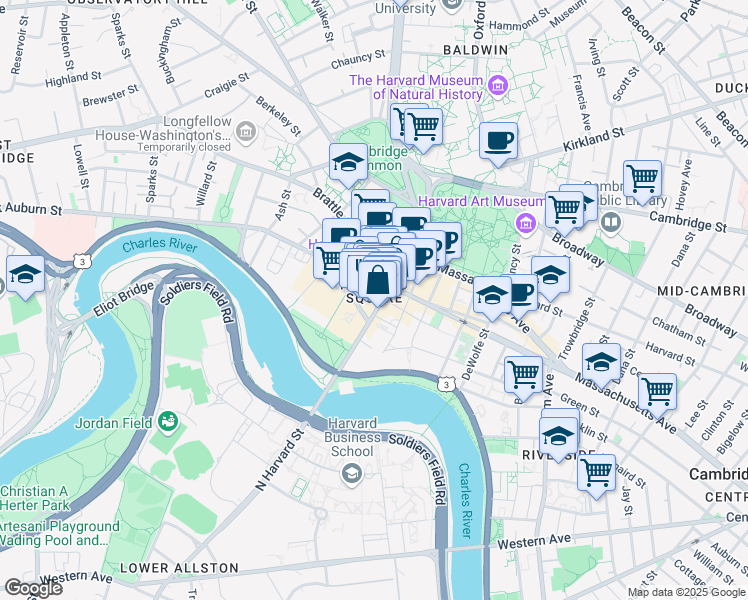 map of restaurants, bars, coffee shops, grocery stores, and more near 59 John F. Kennedy Street in Cambridge