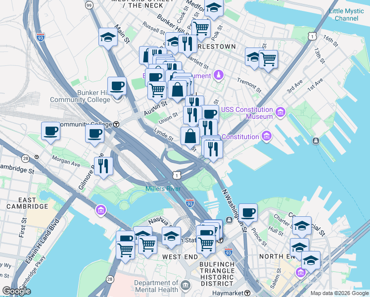 map of restaurants, bars, coffee shops, grocery stores, and more near 14 Rutherford Avenue in Boston
