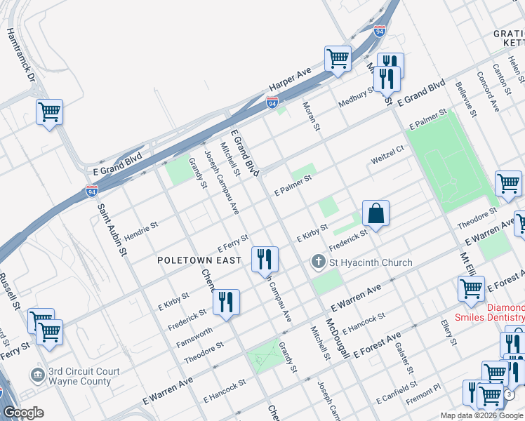 map of restaurants, bars, coffee shops, grocery stores, and more near 5550 Mitchell Street in Detroit