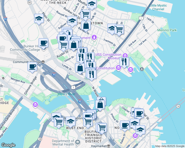 map of restaurants, bars, coffee shops, grocery stores, and more near 100 City Square in Boston