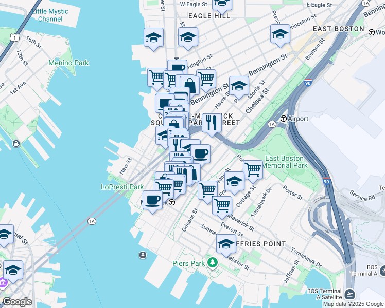 map of restaurants, bars, coffee shops, grocery stores, and more near 30 Gove Street in Boston