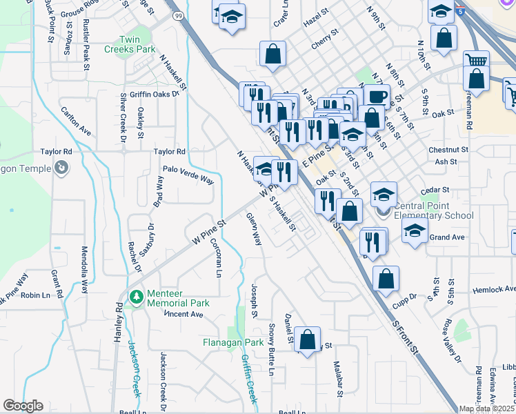 map of restaurants, bars, coffee shops, grocery stores, and more near 221 West Pine Street in Central Point