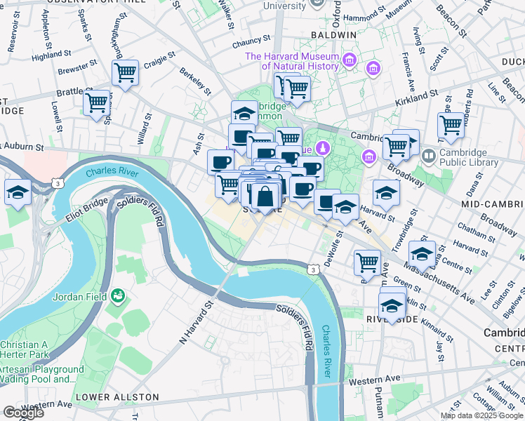 map of restaurants, bars, coffee shops, grocery stores, and more near 57 John F. Kennedy Street in Cambridge