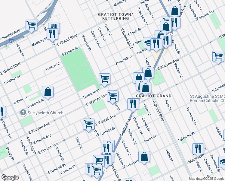 map of restaurants, bars, coffee shops, grocery stores, and more near 5000 Bellevue Street in Detroit