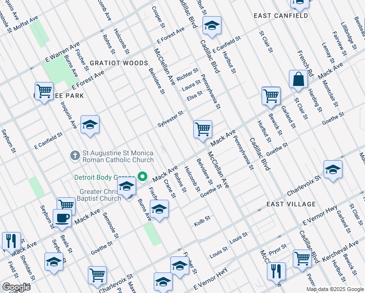 map of restaurants, bars, coffee shops, grocery stores, and more near 3762 Holcomb Street in Detroit