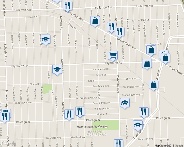 map of restaurants, bars, coffee shops, grocery stores, and more near 10354 Aurora Street in Detroit