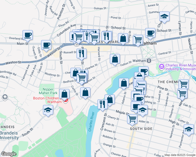 map of restaurants, bars, coffee shops, grocery stores, and more near 8 Fern Street in Waltham