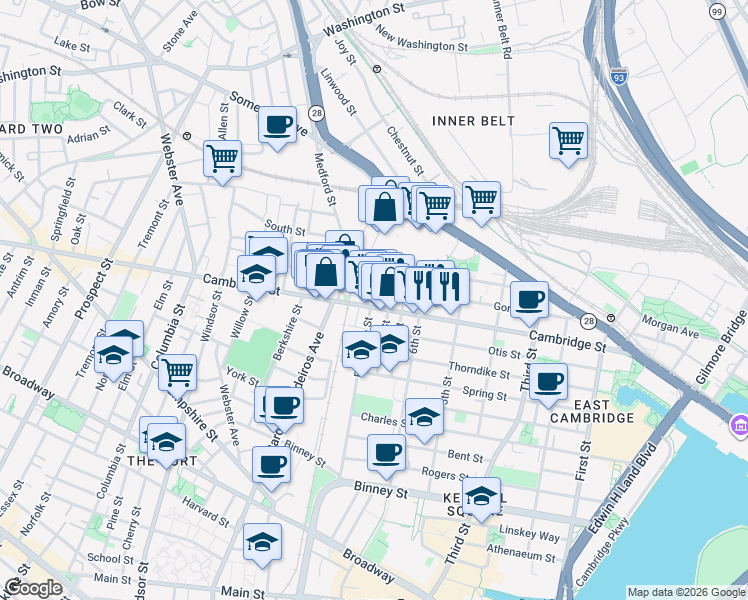 map of restaurants, bars, coffee shops, grocery stores, and more near 621 Cambridge Street in Cambridge