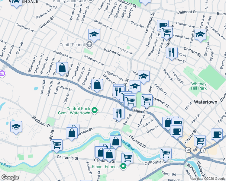 map of restaurants, bars, coffee shops, grocery stores, and more near 20 Olney Street in Watertown