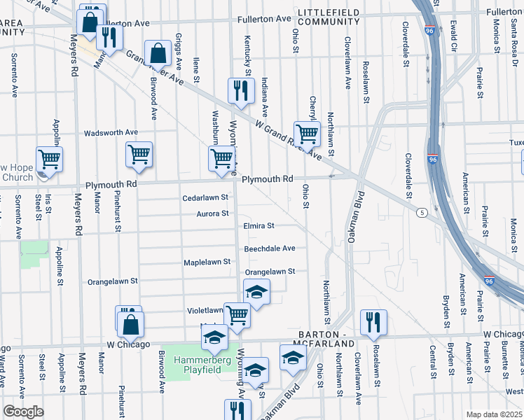 map of restaurants, bars, coffee shops, grocery stores, and more near 8831 Aurora Street in Detroit