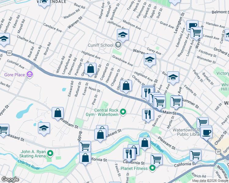 map of restaurants, bars, coffee shops, grocery stores, and more near Main Street in Watertown