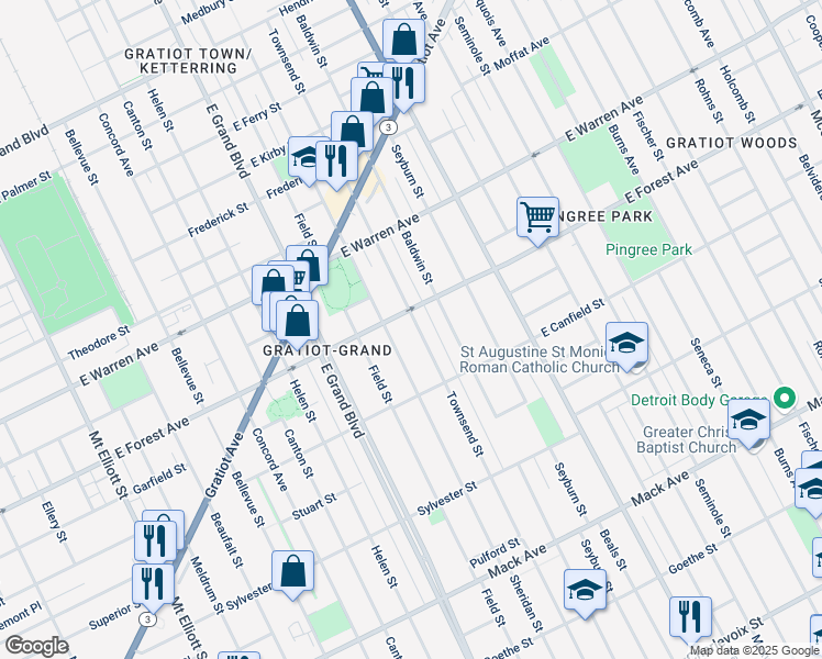 map of restaurants, bars, coffee shops, grocery stores, and more near 4517 Townsend Street in Detroit