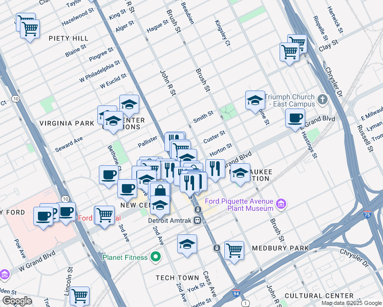 map of restaurants, bars, coffee shops, grocery stores, and more near 88 Custer Street in Detroit