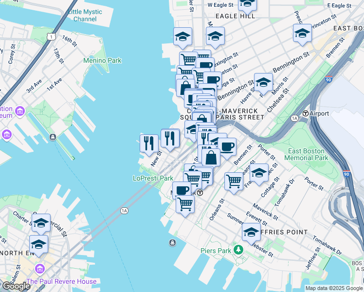 map of restaurants, bars, coffee shops, grocery stores, and more near 84 Liverpool Street in Boston