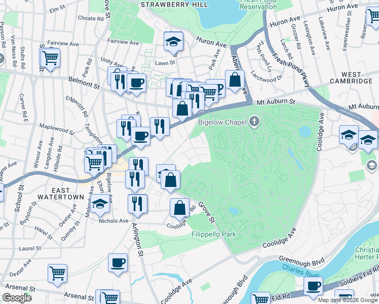 map of restaurants, bars, coffee shops, grocery stores, and more near 8 Cottage Lane in Watertown