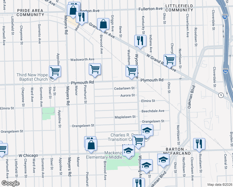 map of restaurants, bars, coffee shops, grocery stores, and more near 10156 Aurora Street in Detroit