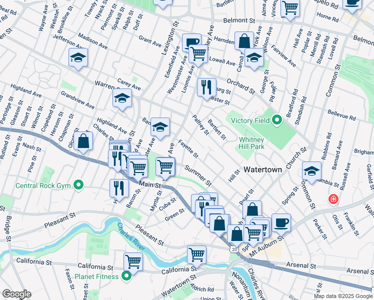 map of restaurants, bars, coffee shops, grocery stores, and more near 62 Forest Street in Watertown