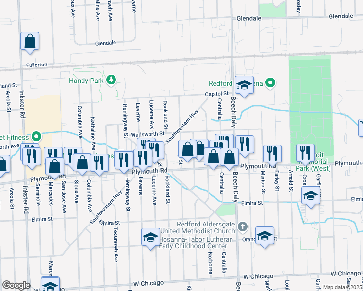 map of restaurants, bars, coffee shops, grocery stores, and more near 11692 Kinloch in Redford Charter Township