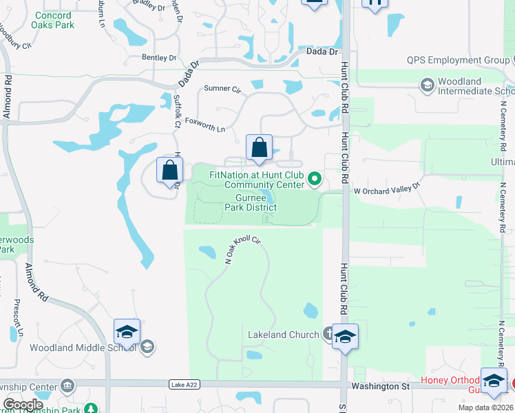map of restaurants, bars, coffee shops, grocery stores, and more near 900 Hunt Club Road in Gurnee