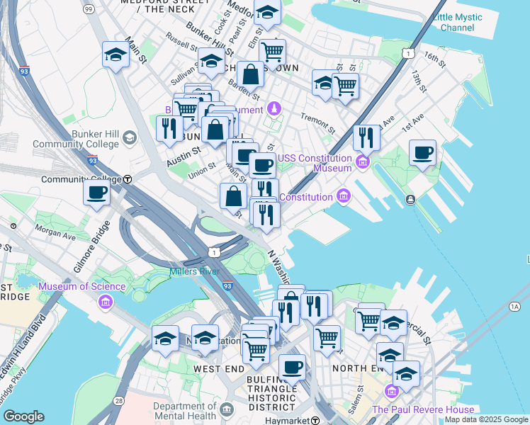 map of restaurants, bars, coffee shops, grocery stores, and more near 100 City Square in Boston
