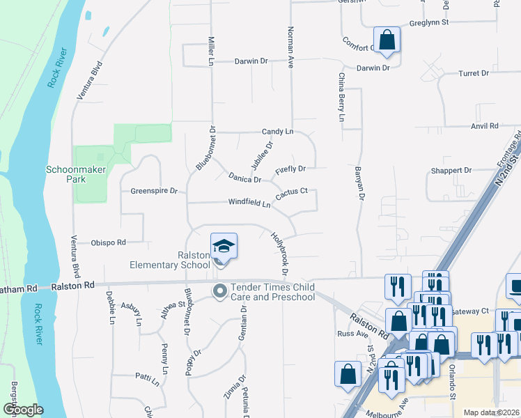 map of restaurants, bars, coffee shops, grocery stores, and more near 801 Windfield Lane in Machesney Park