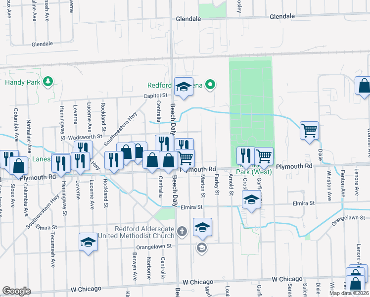 map of restaurants, bars, coffee shops, grocery stores, and more near 11680 Royal Grand in Redford Charter Township