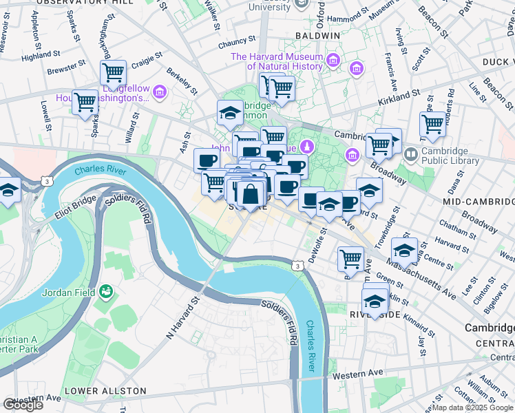 map of restaurants, bars, coffee shops, grocery stores, and more near 48 John F. Kennedy Street in Cambridge