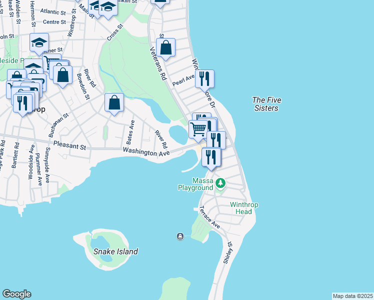 map of restaurants, bars, coffee shops, grocery stores, and more near 211 Washington Avenue in Winthrop