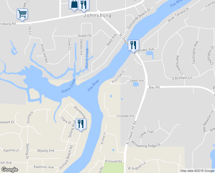 map of restaurants, bars, coffee shops, grocery stores, and more near 3108 River Park Drive in Johnsburg