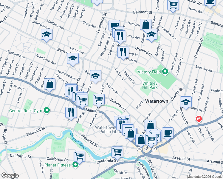 map of restaurants, bars, coffee shops, grocery stores, and more near 62 Forest Street in Watertown