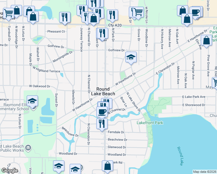 map of restaurants, bars, coffee shops, grocery stores, and more near 233 West Hawthorne Drive in Round Lake Beach