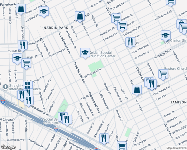 map of restaurants, bars, coffee shops, grocery stores, and more near 9744 North Martindale Street in Detroit