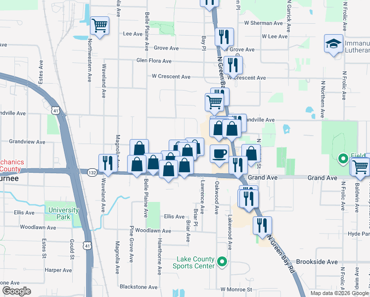 map of restaurants, bars, coffee shops, grocery stores, and more near 891 Tralee Court in Gurnee