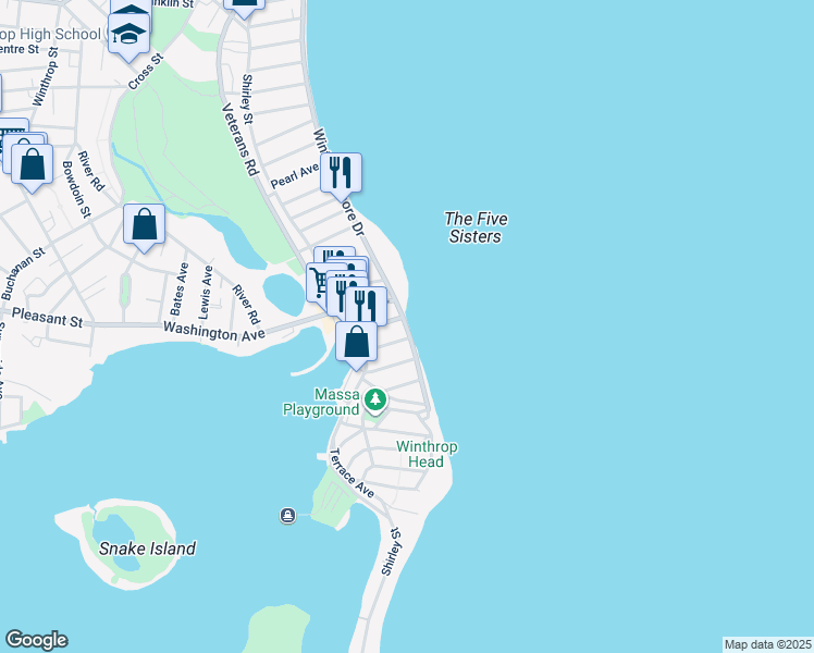 map of restaurants, bars, coffee shops, grocery stores, and more near 44 Winthrop Shore Drive in Winthrop