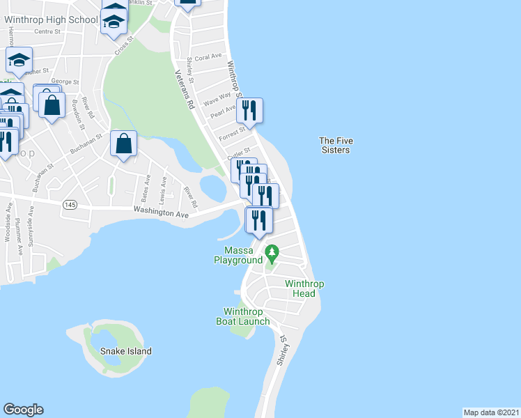 map of restaurants, bars, coffee shops, grocery stores, and more near 503 Shirley Street in Winthrop