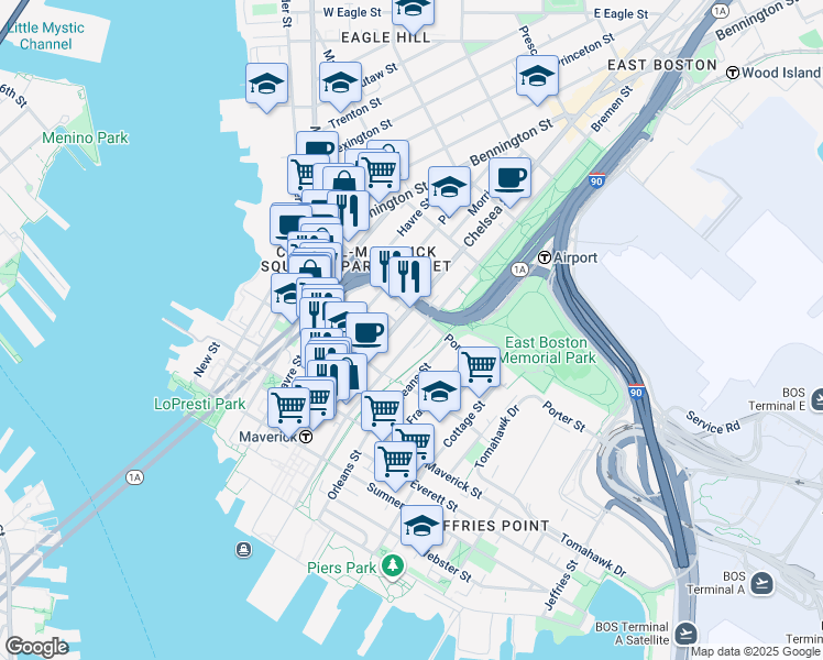 map of restaurants, bars, coffee shops, grocery stores, and more near 142 Bremen Street in Boston