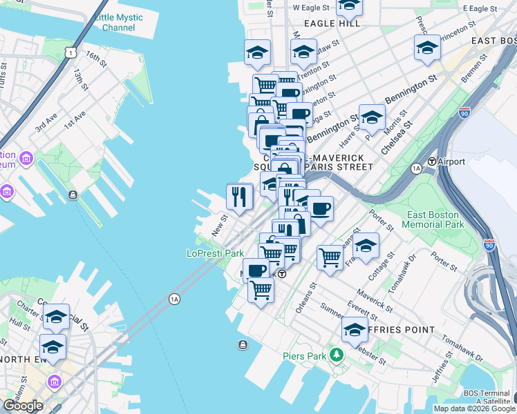 map of restaurants, bars, coffee shops, grocery stores, and more near 72 Liverpool Street in Boston