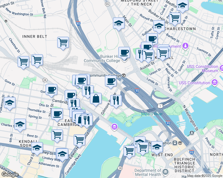 map of restaurants, bars, coffee shops, grocery stores, and more near 450 Water Street in Cambridge