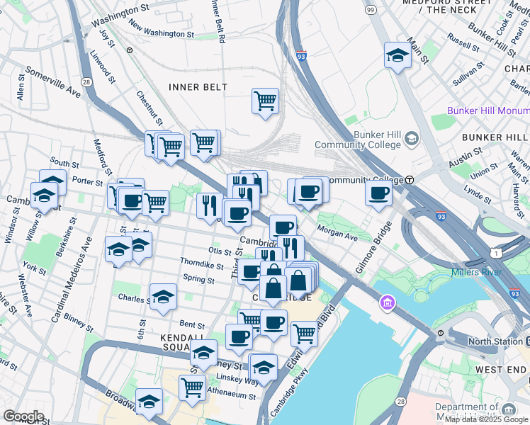 map of restaurants, bars, coffee shops, grocery stores, and more near in Cambridge