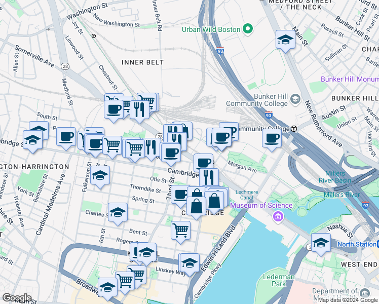 map of restaurants, bars, coffee shops, grocery stores, and more near in Cambridge