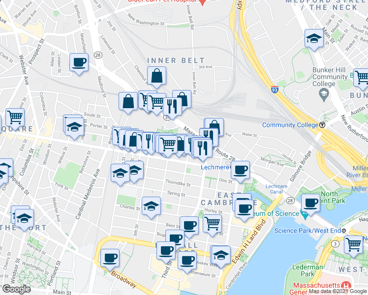 map of restaurants, bars, coffee shops, grocery stores, and more near 91 Gore Street in Cambridge